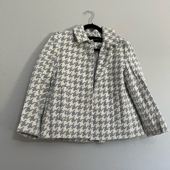 ZARA baby blue & white houndstooth blazer - Picture 1 of 4